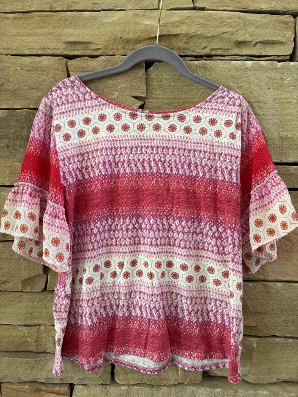 Lucky Brand Pink and Red Patterned Flutter Sleeve Elevated Shirt Top Tee Boho